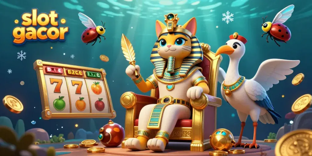 Engage with slot gacor excitement as a pharaoh cat oversees slot reels, gold coins, and dynamic gaming elements.