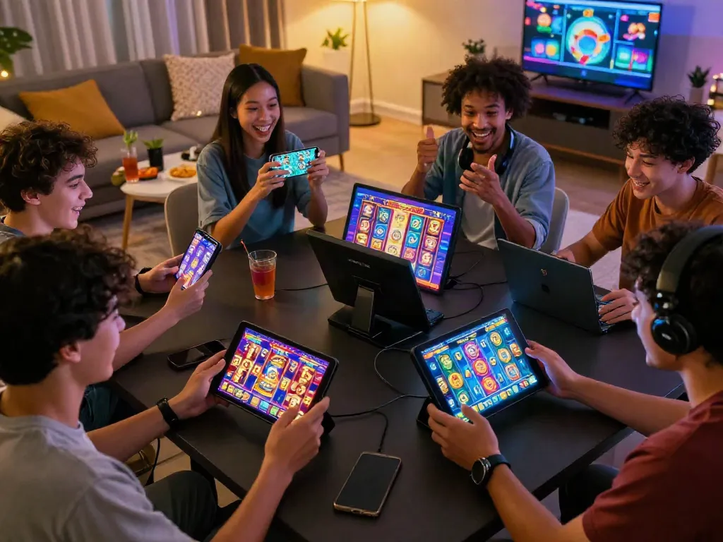 Players enjoying exciting slot gacor games on various devices in a vibrant living room.