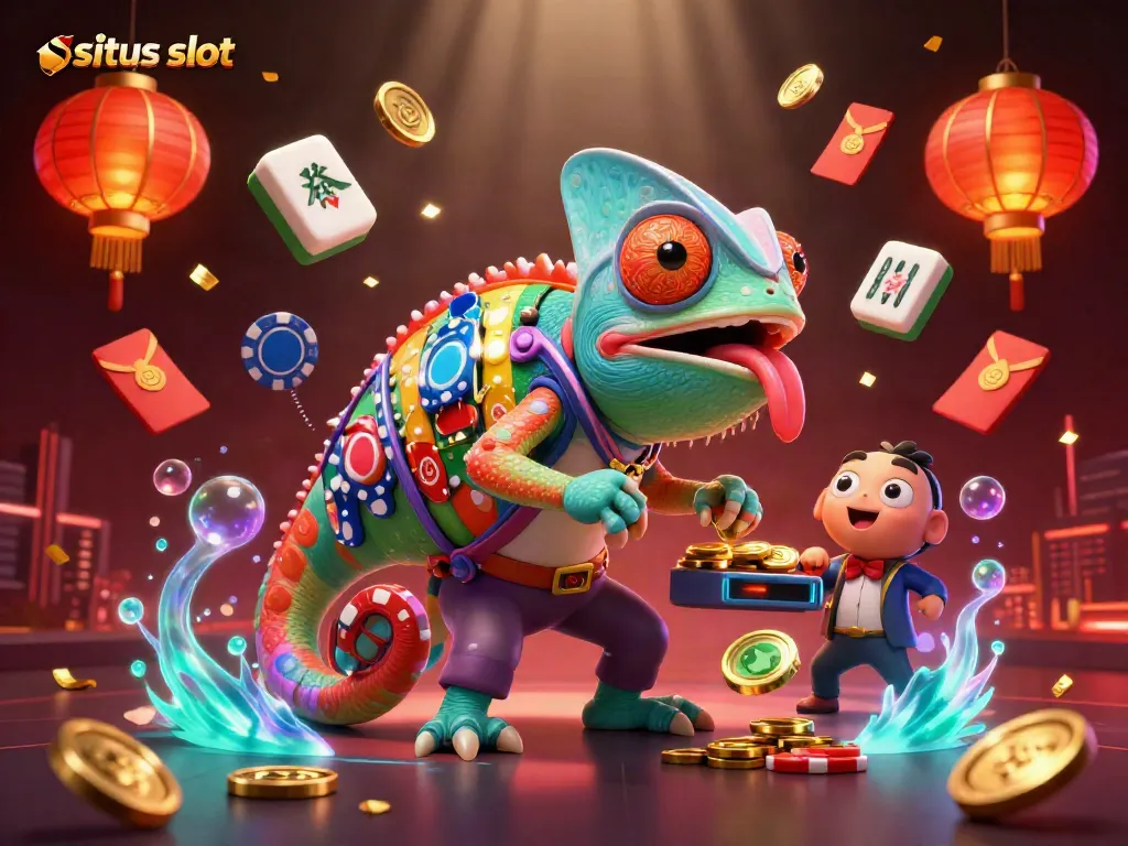 Experience the thrill of situs slot with animated chameleon and vibrant gaming elements in a lively casino.