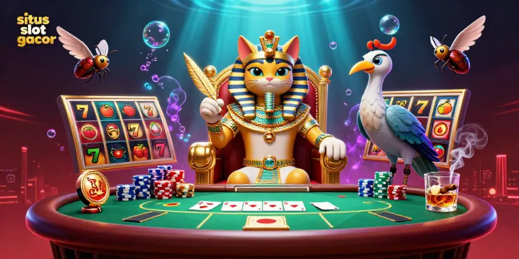 Explore situs slot gacor with this dynamic illustration featuring a pharaoh cat and vibrant casino elements.