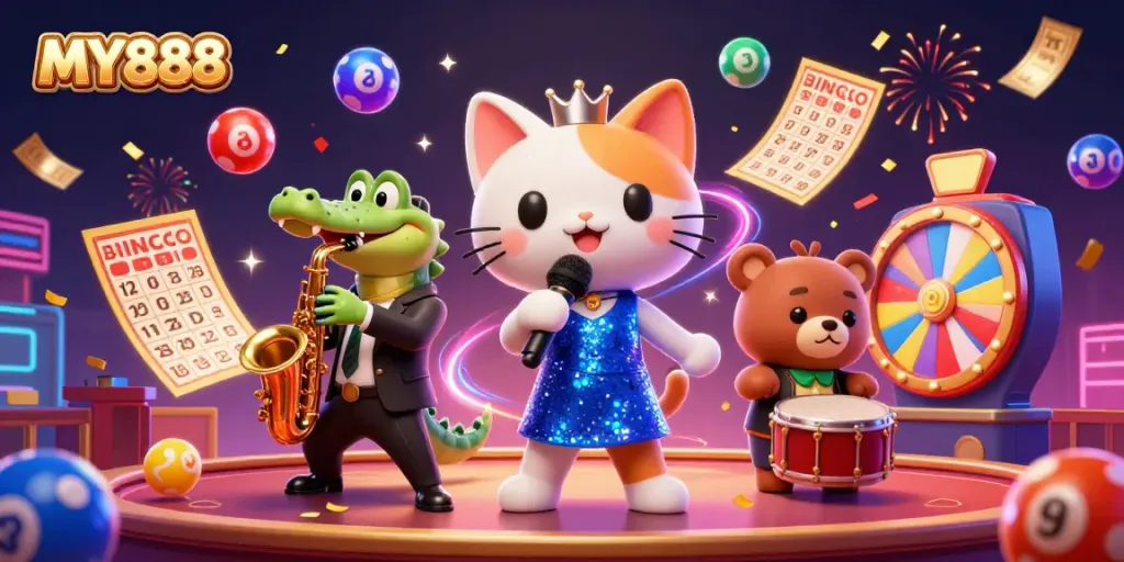 Engage with MY888's vibrant casino scene featuring animated characters and lottery excitement.