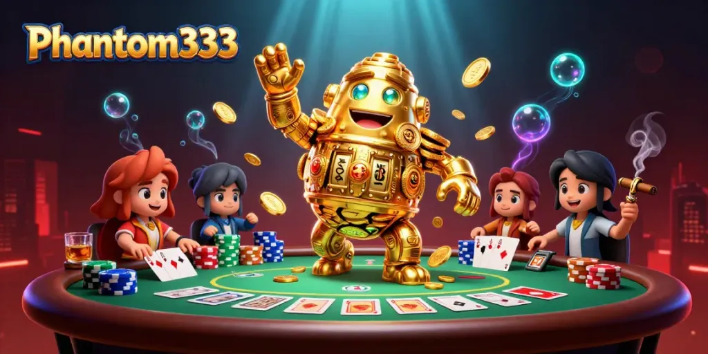 Experience the excitement of gaming with Phantom333 in a vibrant 3D casino scene featuring dynamic elements.