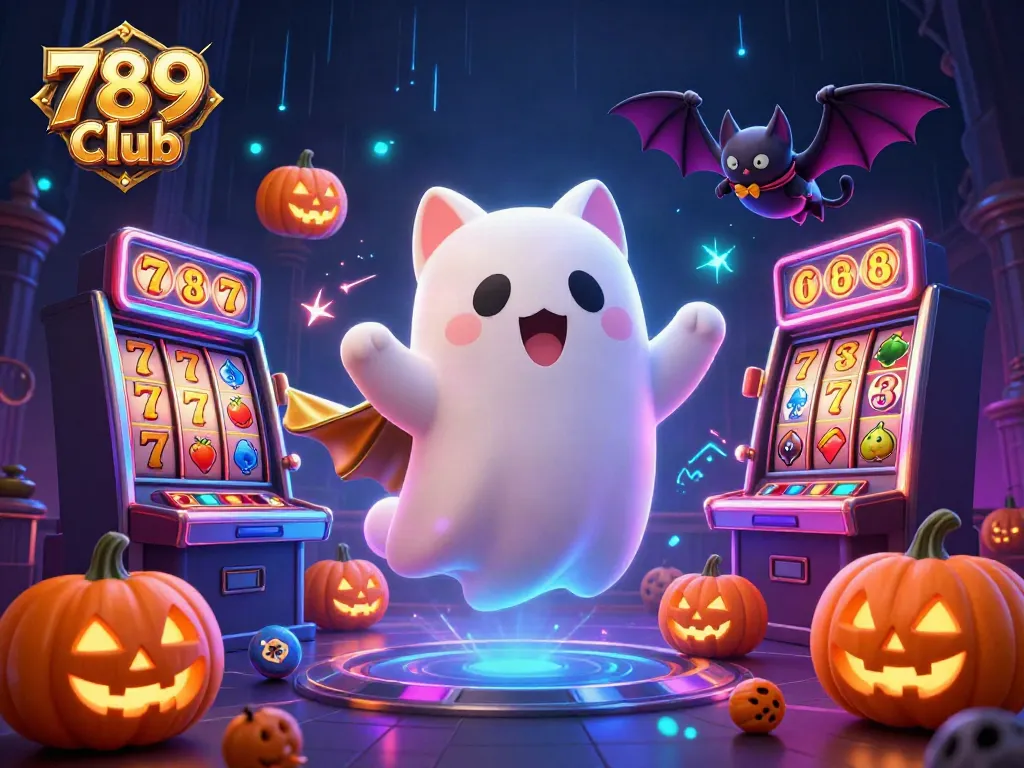 Experience the excitement with the 789 Club as a ghost cat and vampire bat haunt the casino scene.
