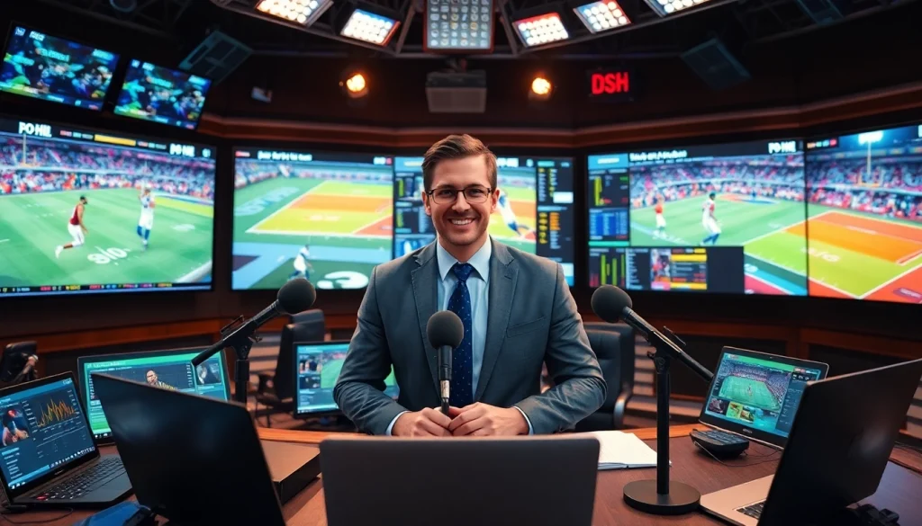 Engaging sports broadcasting moment showing a professional presenter in a modern studio.