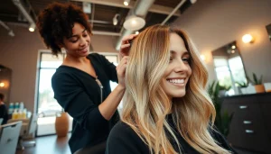 Aveda salon San Diego offering a vibrant balayage service in a serene environment.