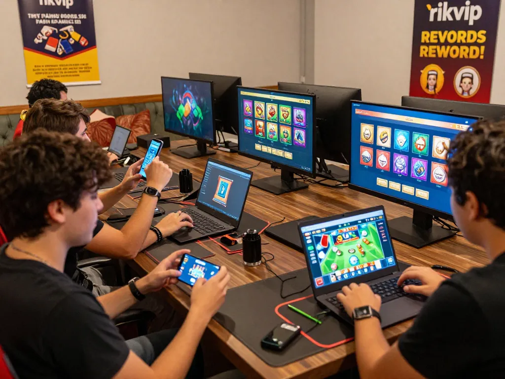 Excited players enjoying rikvip games in a cozy lounge setting, showcasing a lively gaming community.