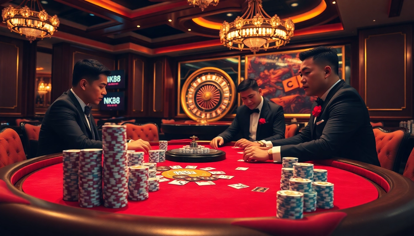 Engaging high-stakes poker action at NK88 casino with players and vibrant chips.