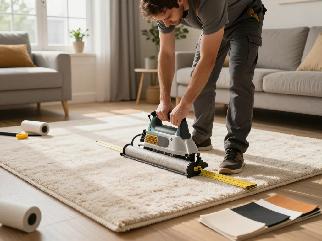 Carpet fitters near me installing luxurious carpet in a modern living room, showcasing craftsmanship.