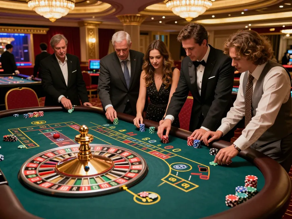 FC88 players eagerly await their chance at winning as the roulette wheel spins in a lavish casino environment.