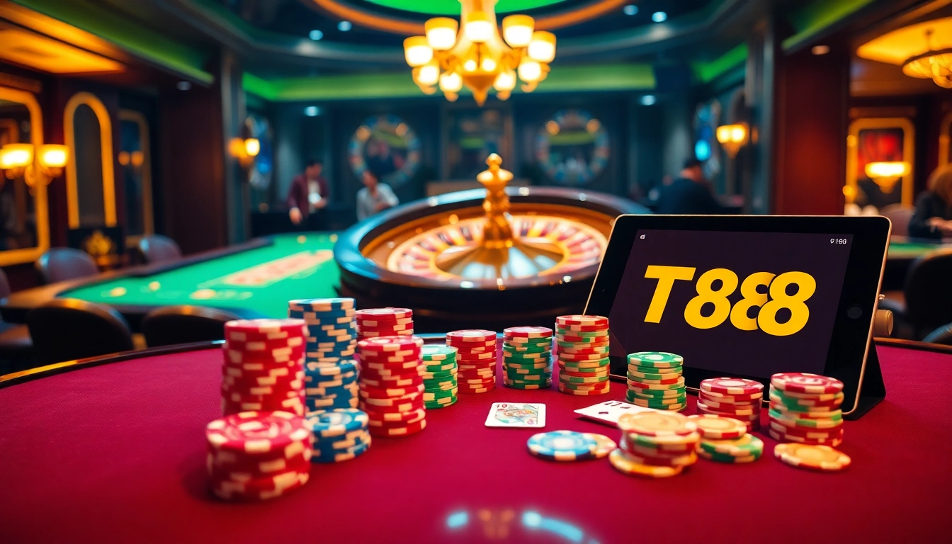 Experience high-stakes action at TG88 with vibrant poker chips and a thrilling roulette wheel.