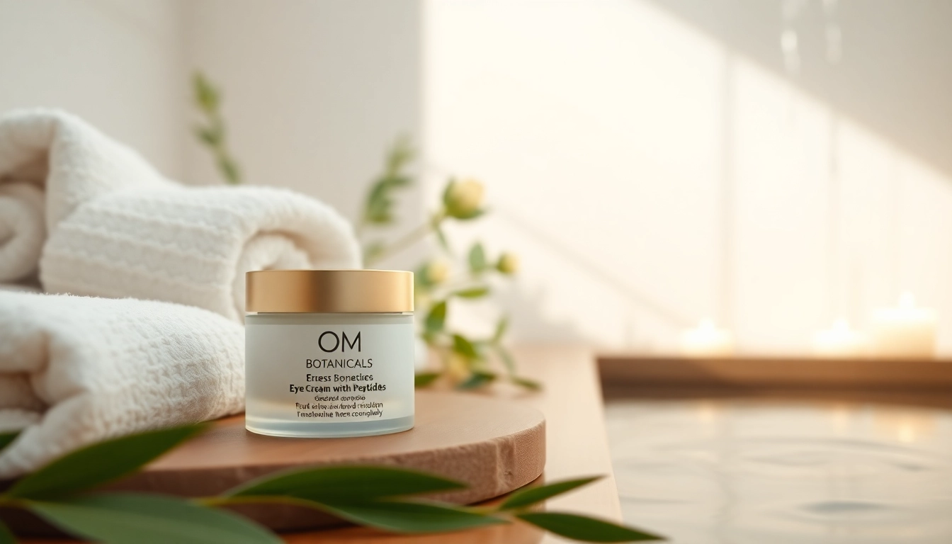 Eye cream with peptides showcased in a serene, nature-inspired spa setting.