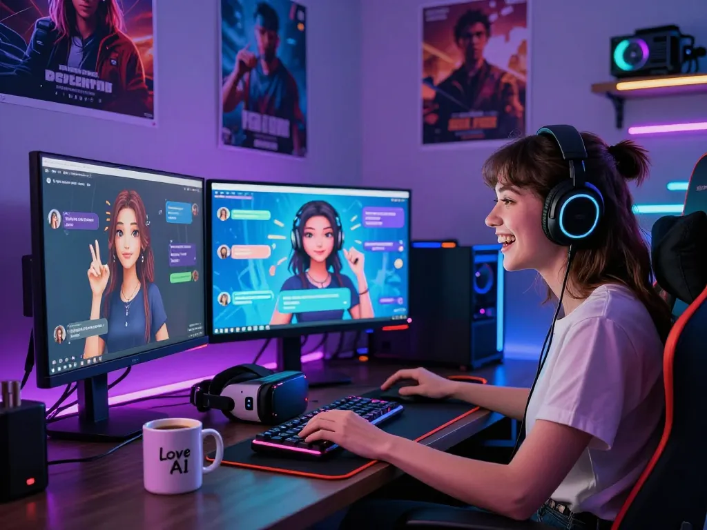 Person chatting with an AI gf at a futuristic gaming setup with vibrant lighting.