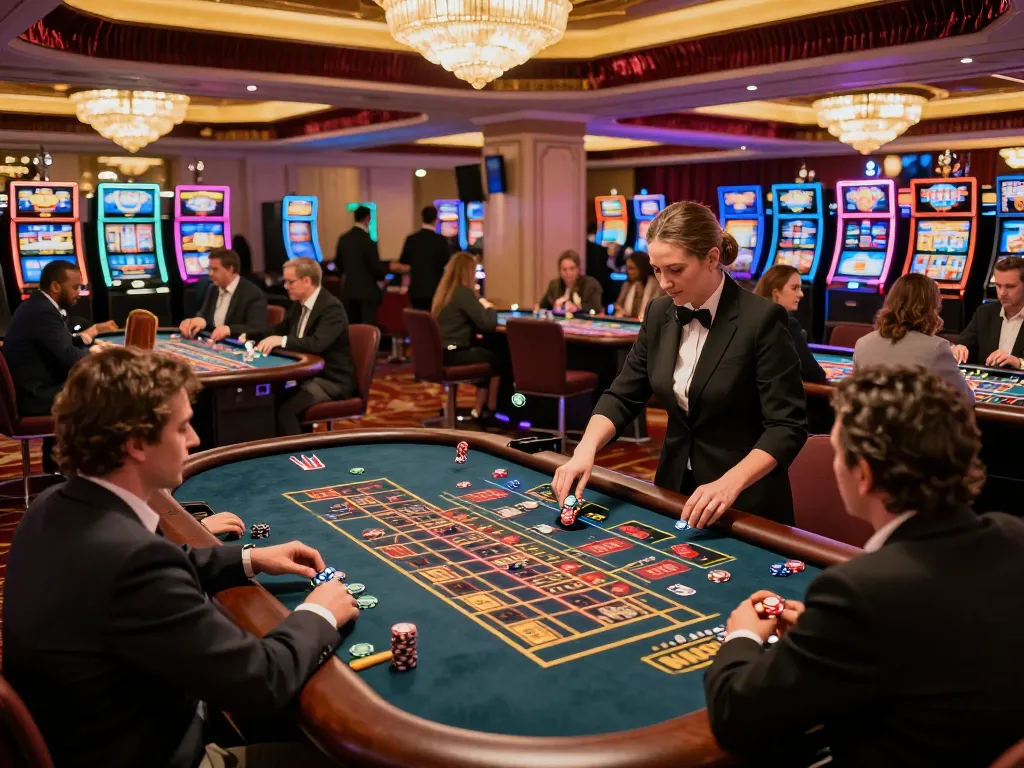 Players engaging in exciting gameplay at a vibrant casino floor featuring lively FC88 game tables