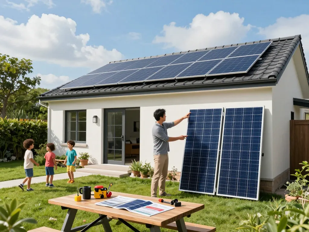Homeowner discussing LONGi Solarmodule installation options in sunny garden.