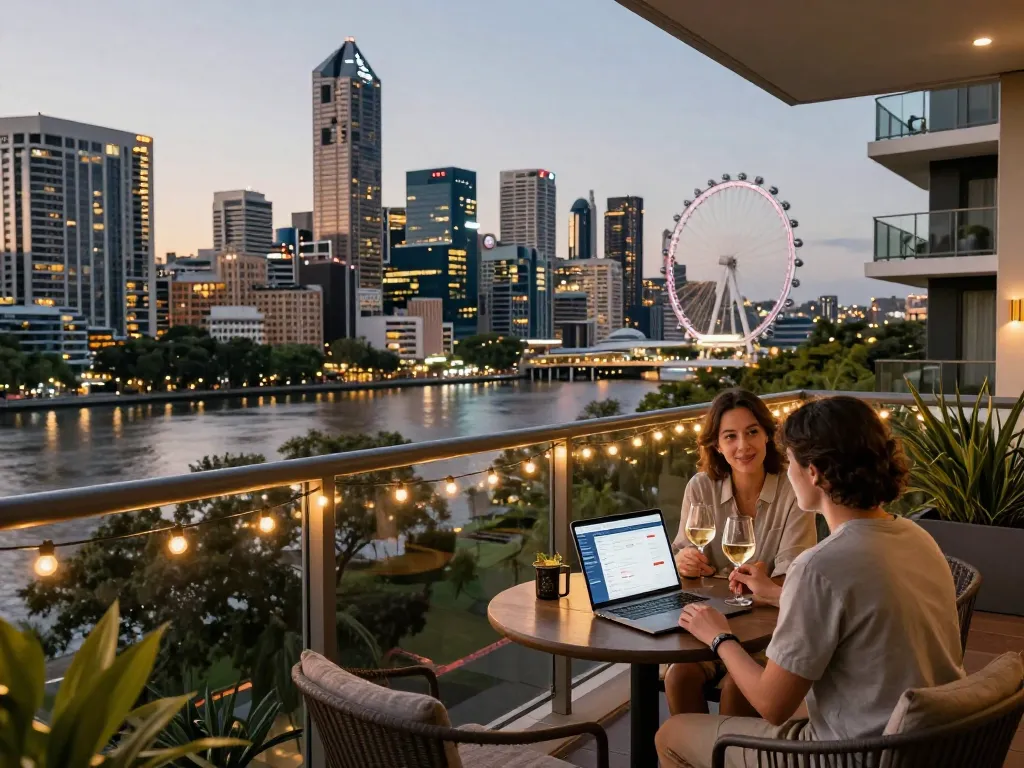 airbnb management brisbane cozy apartment balcony overlooking Brisbane skyline with couple managing short-term rental