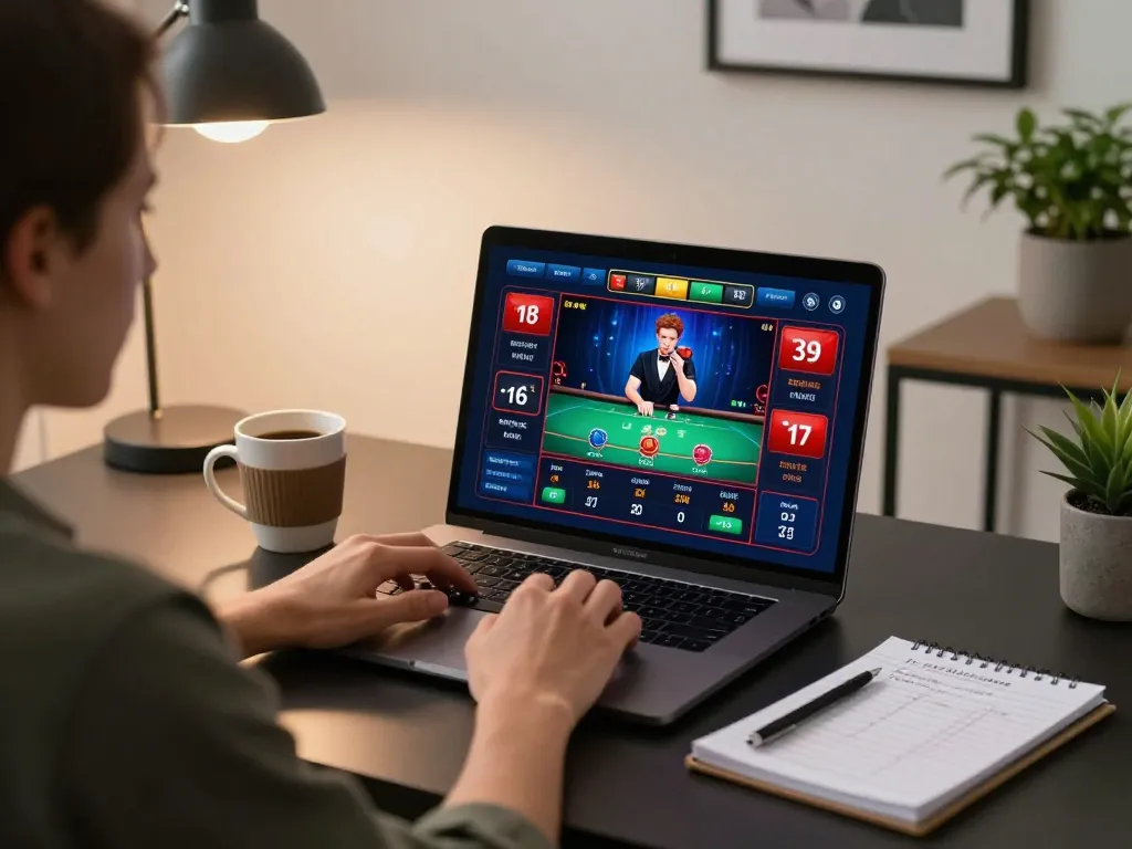Engaged player at man club using laptop for online betting strategy in cozy home setting.