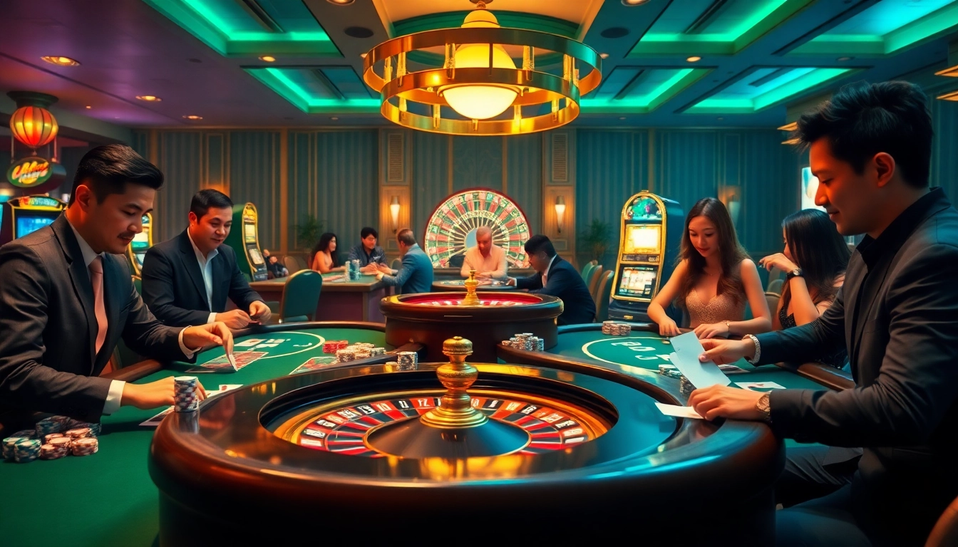 Exciting gameplay at Nhà cái 78win casino featuring poker tables and roulette wheel action.