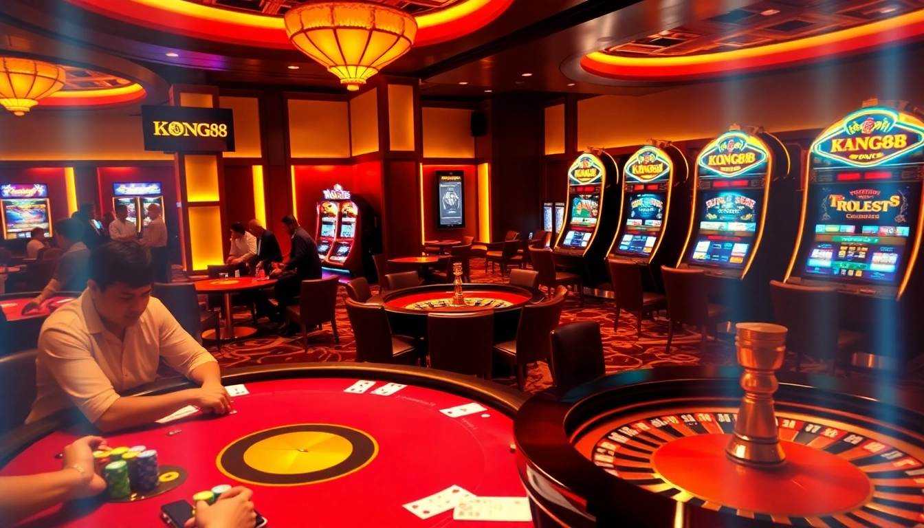 KONG88 displays a thrilling casino environment featuring a vibrant poker table, roulette wheel, and modern slot machines.