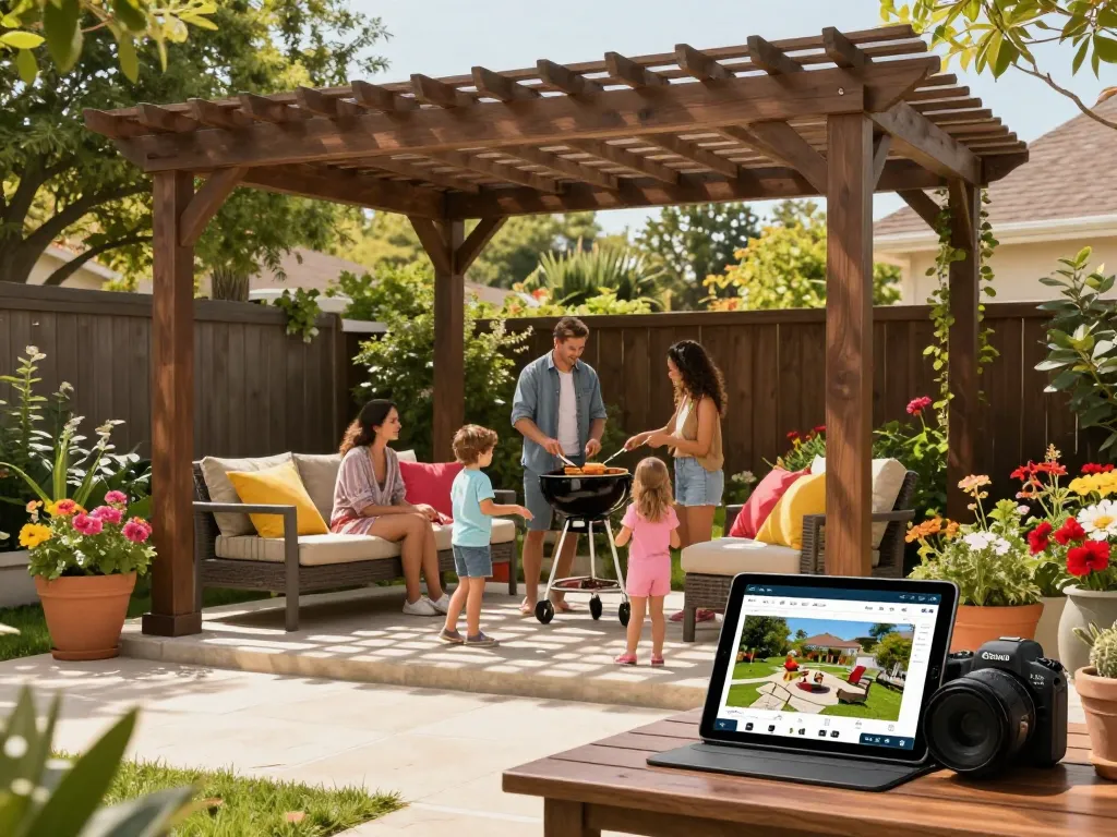 Family enjoying barbecue under a beautifully designed 3D pergola configurator in a vibrant backyard setting.