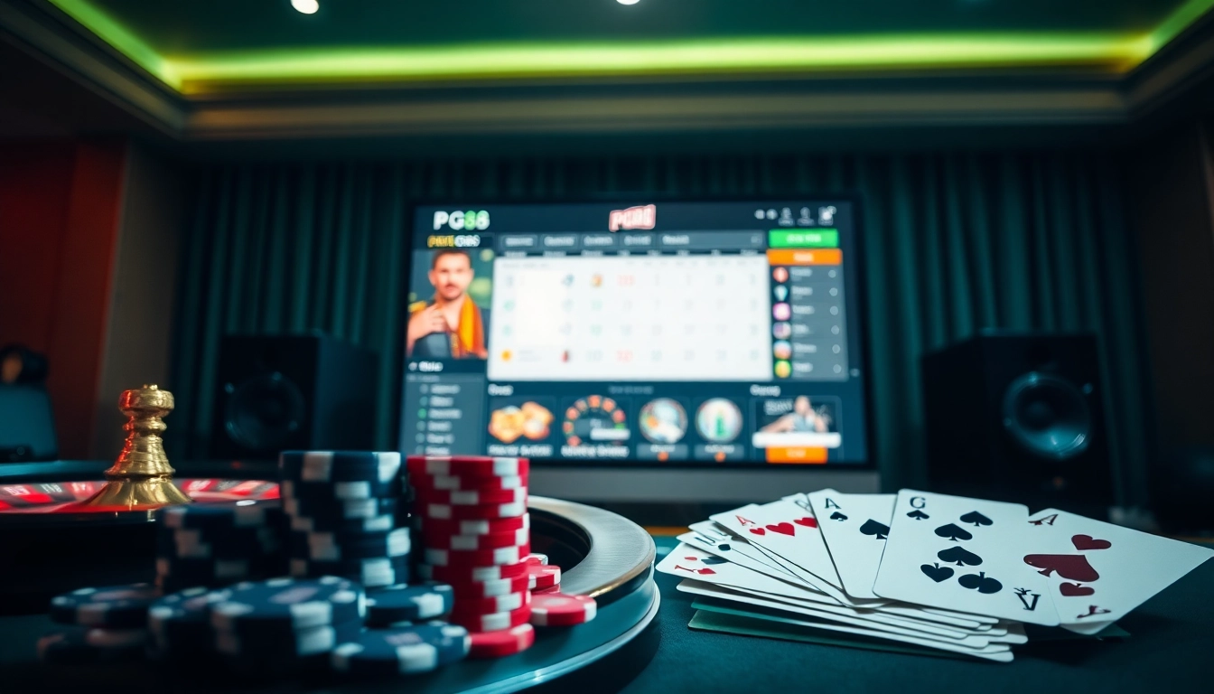 Experience high-stakes gaming with pg88's vibrant online casino setup featuring poker chips and a roulette wheel.