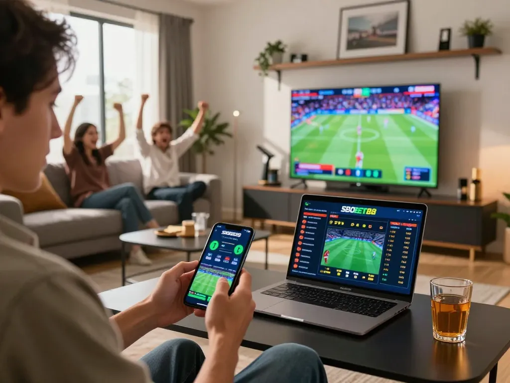 Pengguna SBOBET88 memasang taruhan di smartphone selama aksi olahraga intens di pertemuan di rumah