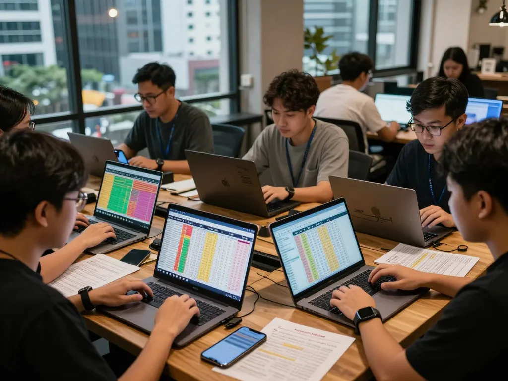 Komunitas pemain togel menganalisis hasil HK Hari Ini dengan laptop dan grafik di lingkungan perkotaan