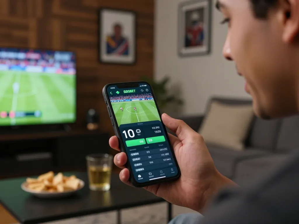 Aplikasi SBOBET menunjukkan peluang taruhan langsung selama acara olahraga yang mendebarkan di ruang tamu yang nyaman