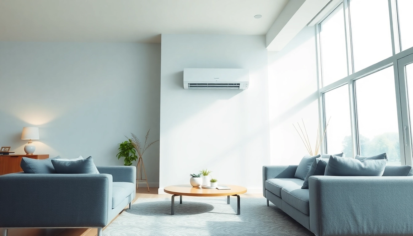 Install a Mitsubishi mini split AC system in a bright living room with modern decor.