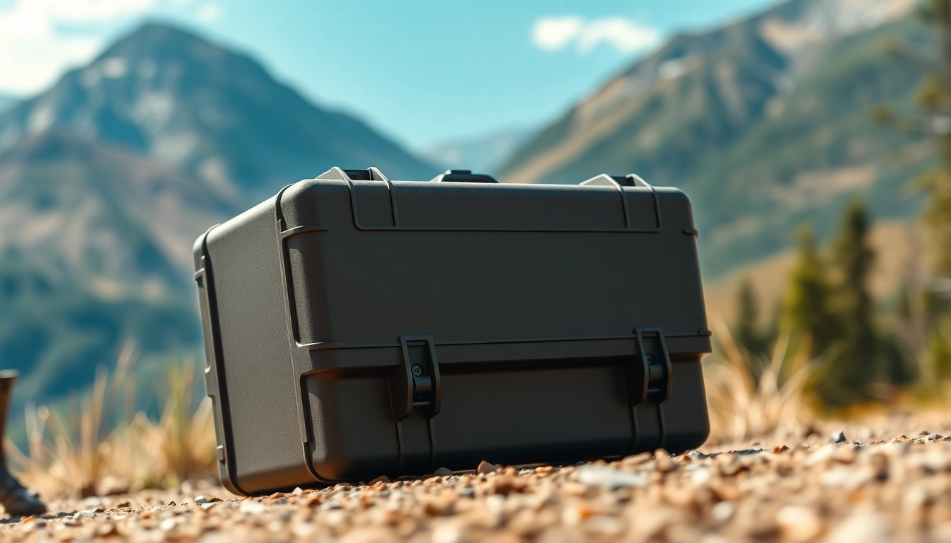 Showcase of a pelican gun case for sale in a rugged outdoor setting with detailed features.
