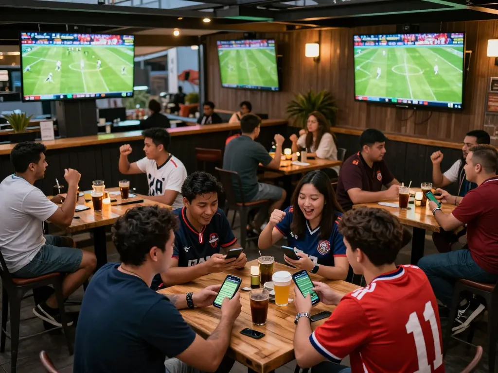 Pemain judi olahraga yang terlibat menikmati pertandingan secara langsung sambil memasang taruhan Judi Bola di bar luar ruangan yang ramai