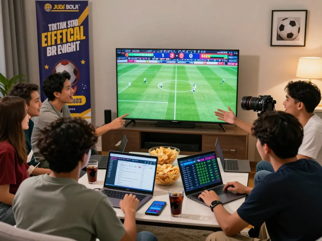 Excitement of Judi Bola betting with friends in a lively living room during a football match.
