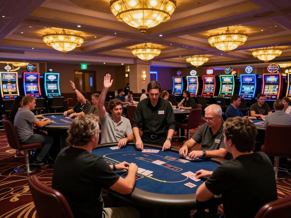 Players engaged in high-stakes poker on the vibrant casino floor at 88vvgo, showcasing strategic gaming moments.