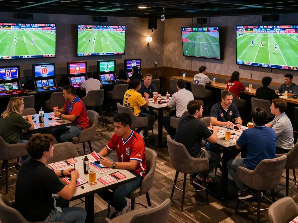 Patrons engaged in sports betting at CAKHIATV lounge, showcasing live football excitement and atmosphere