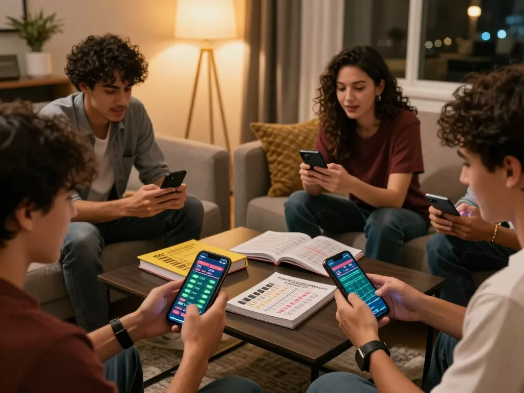Engaged users placing bets on fly88 com app in a stylish home setting during a sports event.