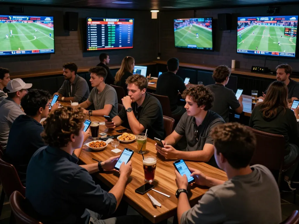 Tỷ lệ kèo nhà cái 5 shown on mobile app amidst a live sports betting scene with excited fans and technology integration.