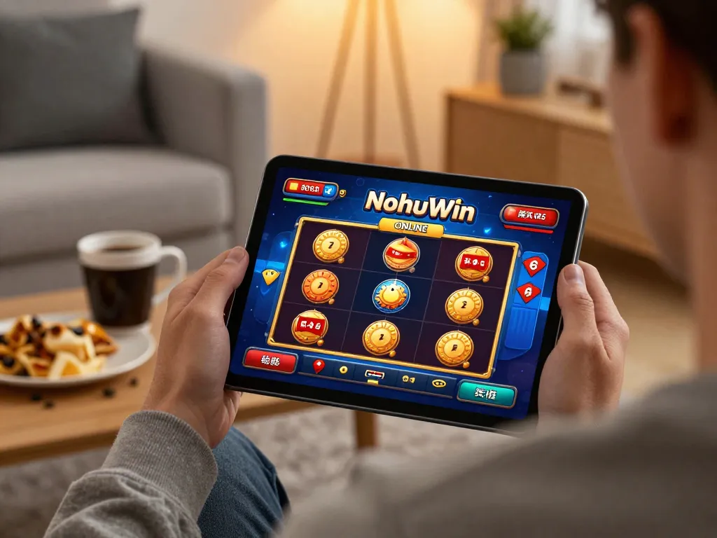 Nohuwin player engaging with exciting slot games on a tablet in a cozy home environment.