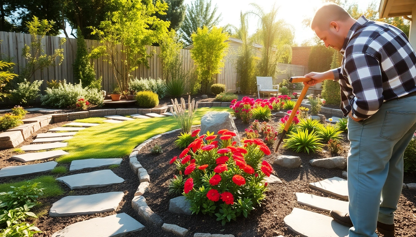 Landscaping contractor San Jose working on a vibrant garden design with a sunny backdrop.