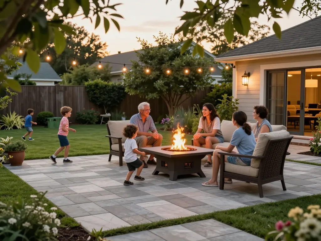 Paver driveway near me with a beautiful family gathering around an elegant outdoor fire pit.