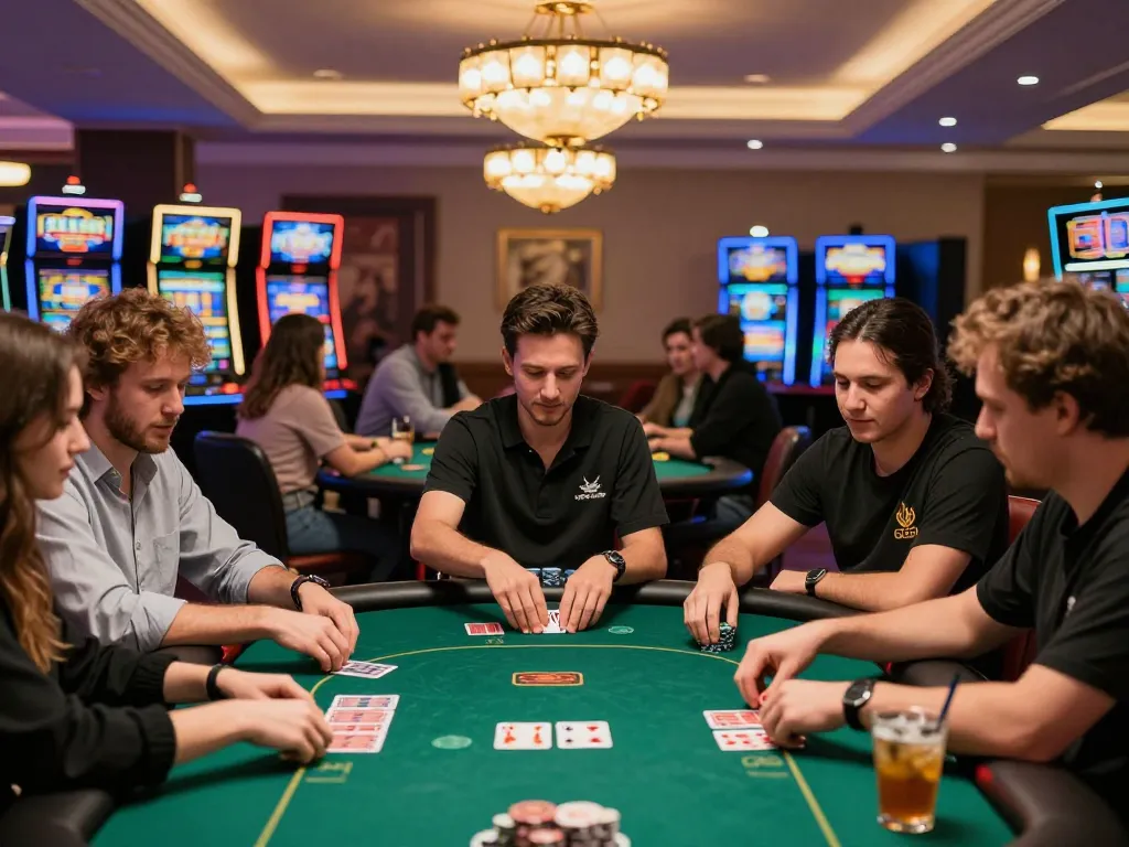 Engaging players explore DU88's poker offerings amidst lively casino action.