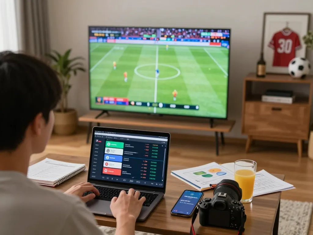 Person analyzing live keo nha cai sports betting odds while watching a match