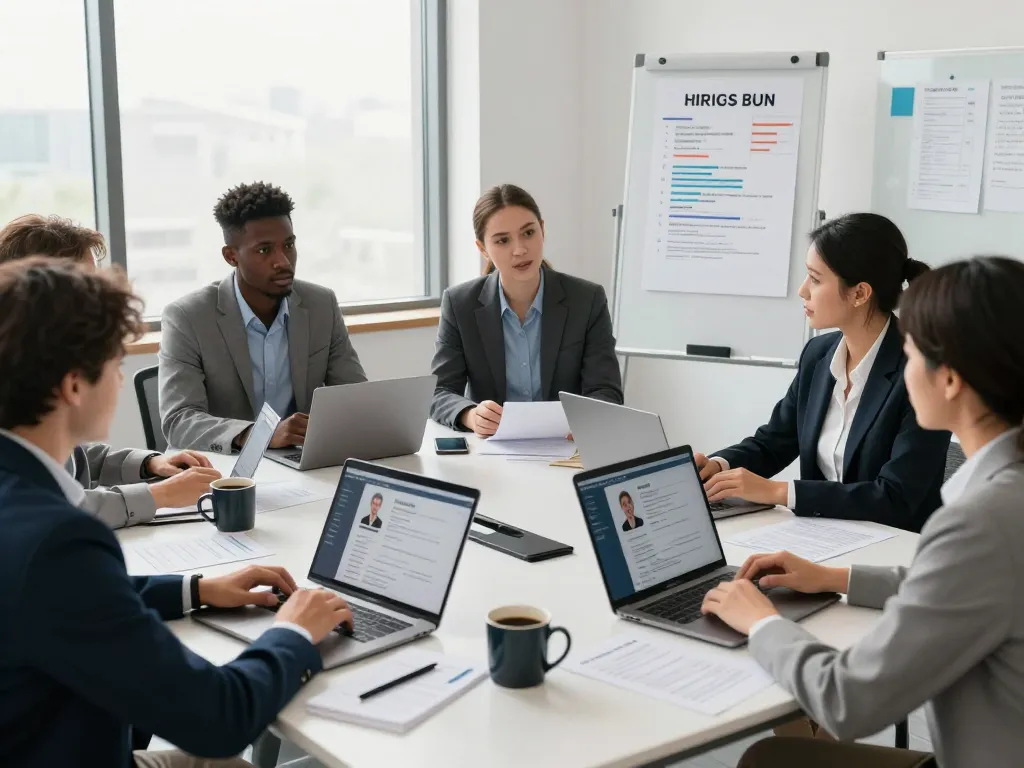 Team collaborating in a modern office, discussing temporary staffing agencies, showcasing diverse candidates and professional atmosphere.