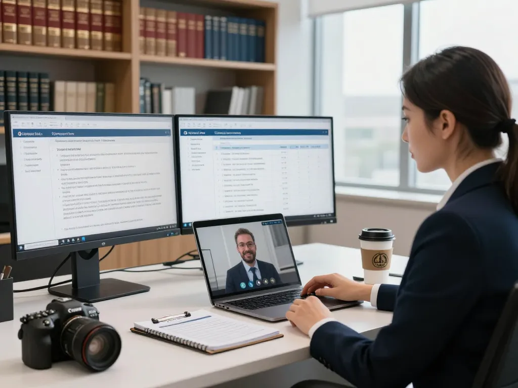 Technology compliance lawyer Ontario advising clients in a modern office with regulatory documents and technology tools.
