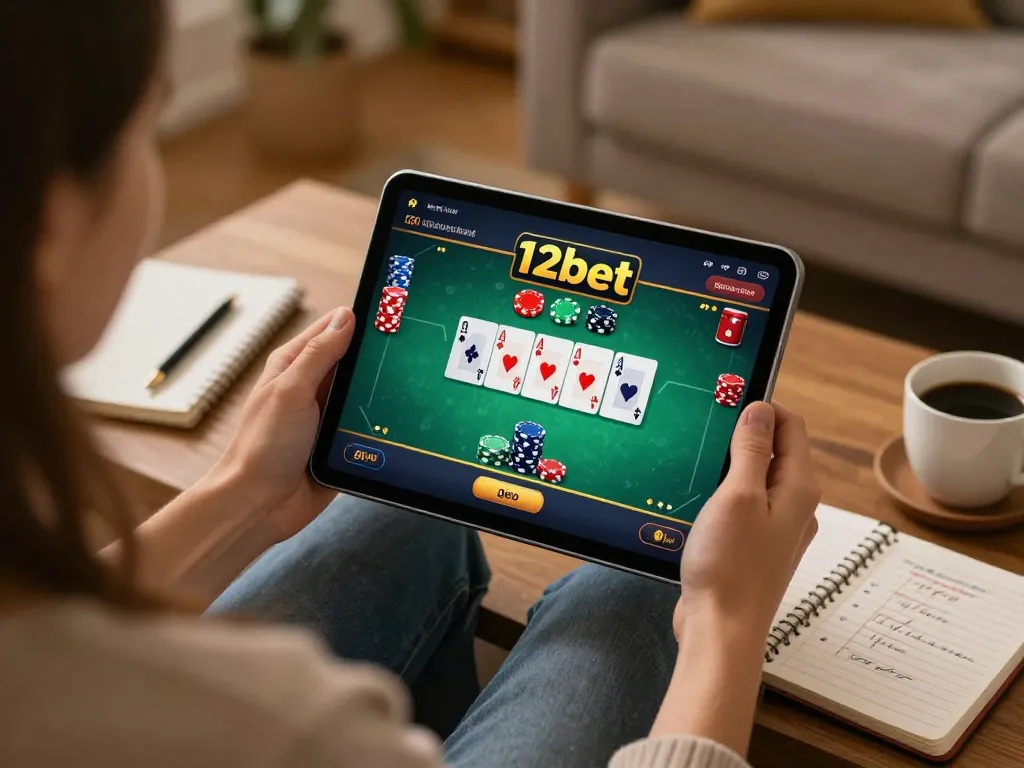 Người chơi tham gia thưởng thức trò chơi poker 12bet trên máy tính bảng trong không gian ấm cúng tại nhà.