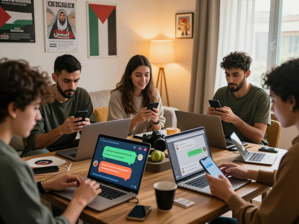 Diverse group chatting online through دردشة فلسطين in a cozy setting.