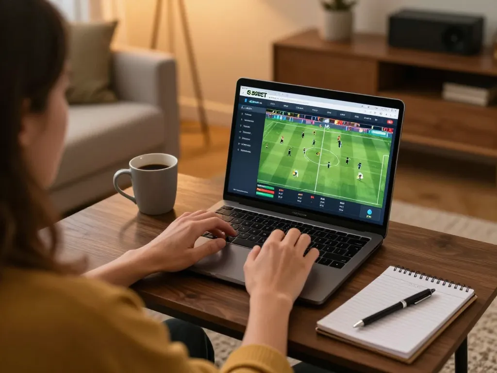 Taruhan olahraga SBOBET yang ditampilkan di laptop selama sesi permainan intens di rumah.