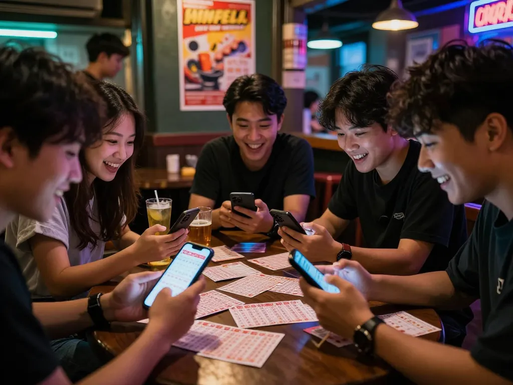 Teman-teman dengan antusias memeriksa hasil lotere HK Hari Ini di suasana bar yang meriah.