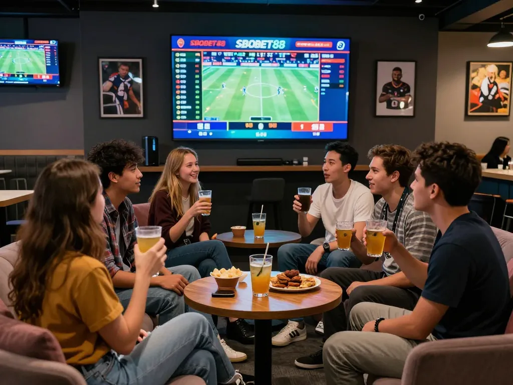 SBOBET88 thrilling sports betting lounge with friends cheering for live matches.
