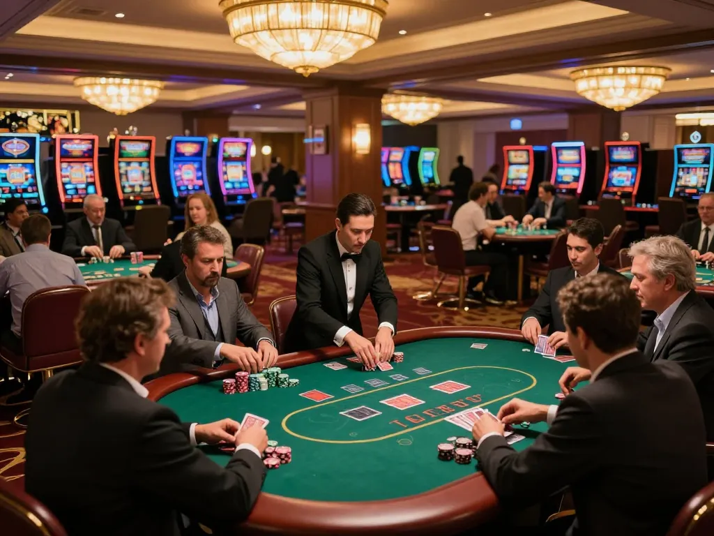 Players enjoying luck8 casino games at vibrant poker tables under warm ambient lighting.