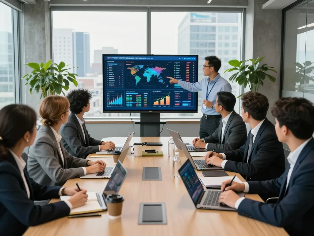 Global investment group collaborating in a corporate meeting room, showcasing financial expertise and teamwork.