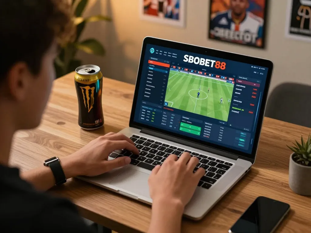 Sesi taruhan SBOBET88 di laptop yang menampilkan peluang olahraga langsung dan permainan yang menarik.